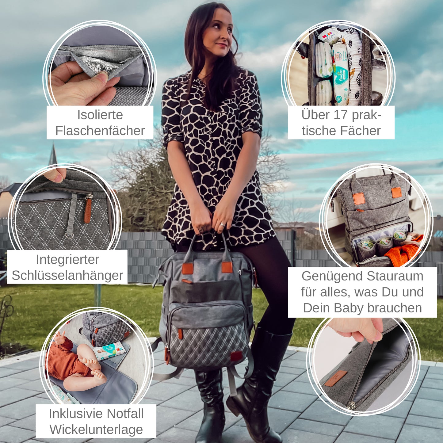 JoviTea Wickeltasche/Wickelrucksack grau inkl. kleiner Wickelunterlage