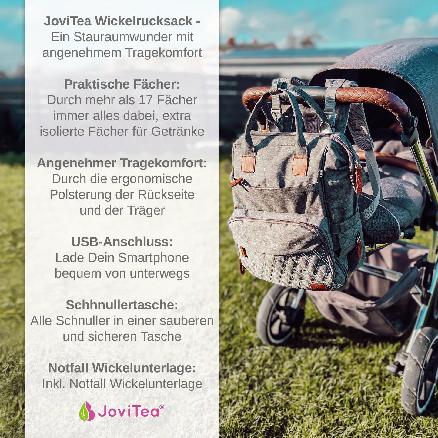 JoviTea Wickeltasche/Wickelrucksack grau inkl. kleiner Wickelunterlage