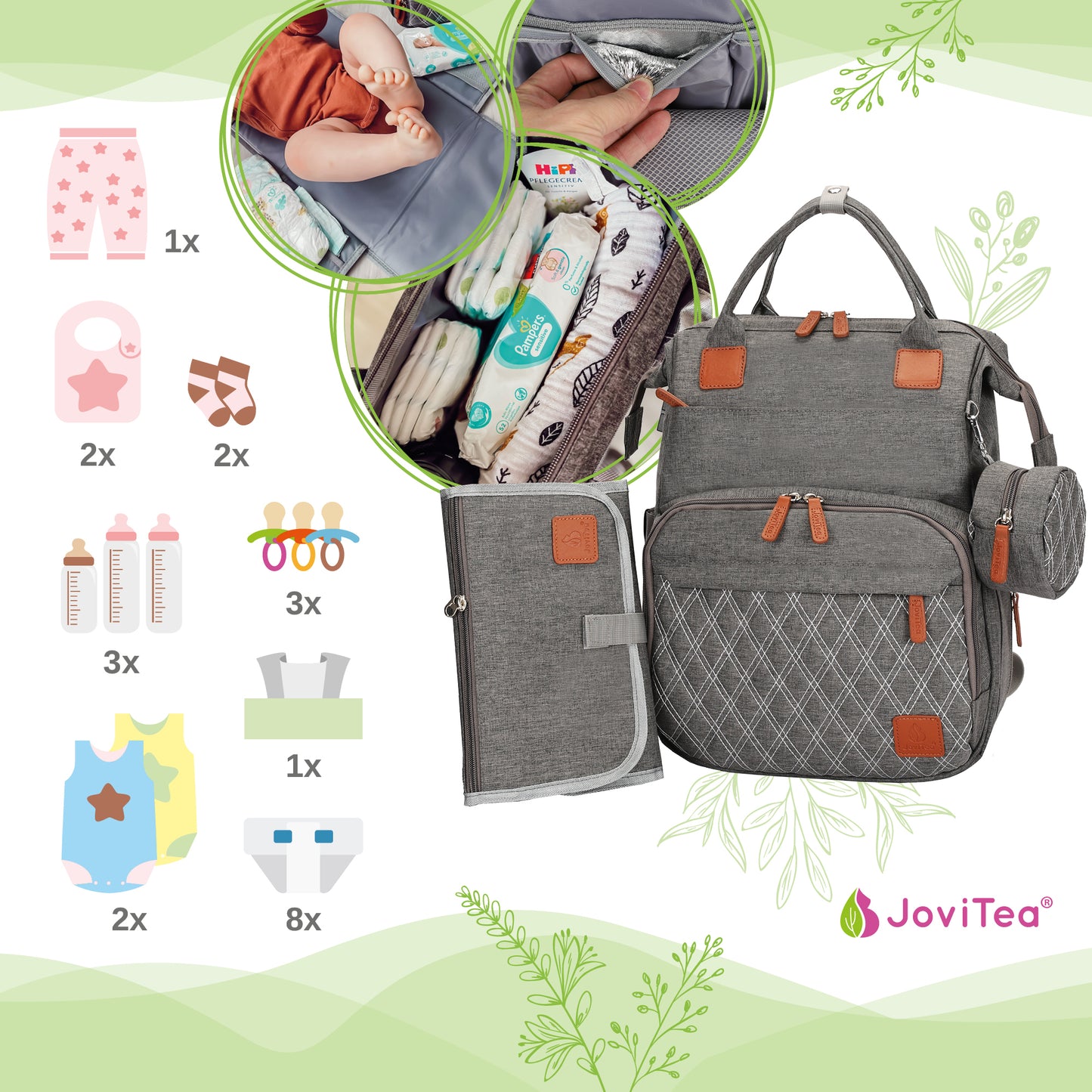 JoviTea Wickeltasche/Wickelrucksack grau inkl. kleiner Wickelunterlage