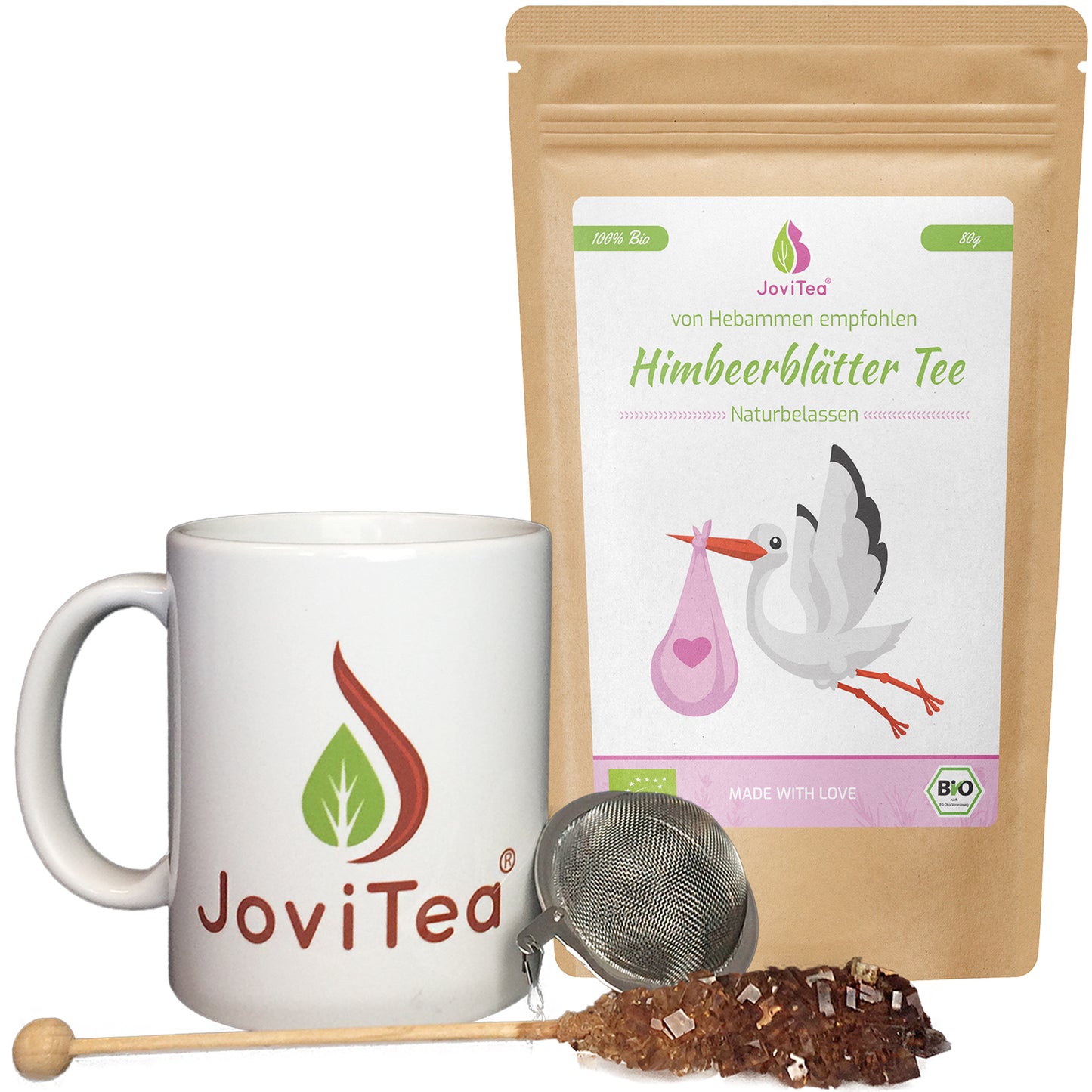 JoviTea Himbeerblätter Tee Bio mit Tasse und Kandisstick